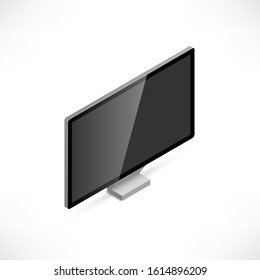 Realistic Computer Monitor Isometric Vector Illustration. 3d Mockup Design Template With Empty Black Screen Isolated On White Background. For Mobile, Web, Print Products, Application, Advert