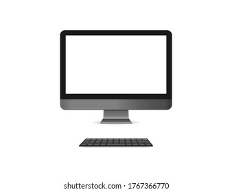 Realistic computer monitor with keyboard. Isolated desktop screen. PC mockup with black keyboard and shadow. Blank display. Portable computer in modern style. Vector EPS 10