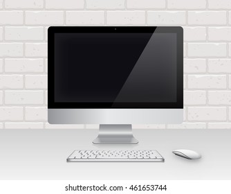 Realistic Computer Monitor, Keyboard and Mouse with Black Screen Isolated on Brick Wall Background. Can Use for Template Presentation. Device Set. Gadget 21,5 inch Mock Up. Vector Illustration.