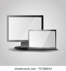 realistic computer monitor and laptop device with white screen