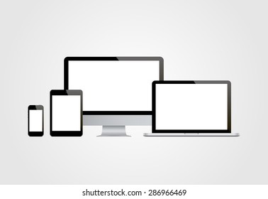 Realistic computer monitor, computer, laptop, phone, tablet.  Vector illustration.