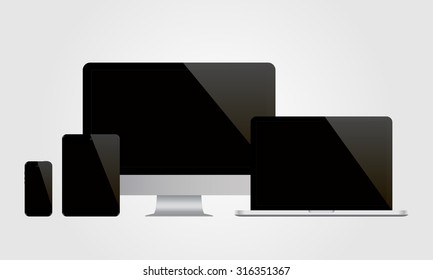 Realistic computer monitor, computer, laptop, phone, tablet .  Vector illustration.