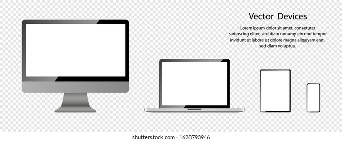 Realistic Computer monitor, Laptop, Tablet and Phone with white screens. Screen mockup. Electronic Devices and Gadgets, isolated on transparent background. Vector illustration.