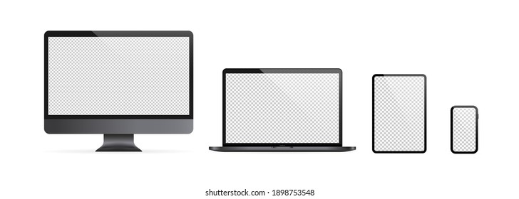 Realistischer Computerbildschirm, Laptop, Tablet und Mobiltelefon-Icon-Set. Dunkles Thema. Leere Anzeige. Notebook. Vektorgrafik einzeln auf weißem Hintergrund. EPS10