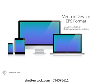 Realistic Computer Monitor, Laptop, Tablet and Mobile Phone with Shadow Screen Isolated. Can Use for Template Presentation. Electronic Gadget, Set of Device Mockup. Vector Illustration