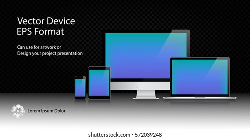 Realistic Computer Monitor, Laptop, Tablet and Mobile Phone with Blue Screen Isolated. Can Use for Template Presentation. Electronic Gadget, Set of Device Mockup. Vector Illustration