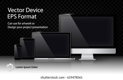 Realistic Computer Monitor, Laptop, Tablet and Smart Phone with Blank Screen Isolated on Black Transparent Background. Can Use for Template Project Presentation. Electronic Gadget, Device Mockup Set.