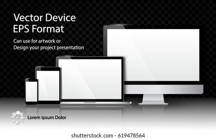 Realistic Computer Monitor, Laptop, Tablet and Smart Phone with White Screen Isolated on Black Transparent Background. Can Use for Template Project Presentation. Electronic Gadget, Device Mockup Set.