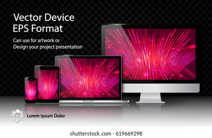 Realistic Computer Monitor, Laptop, Tablet and Smart Phone with Responsive Screen Isolated on Black Transparent Background. For Template Project Presentation. Electronic Gadget, Device Mockup Set.