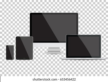 Realistic Computer Monitor, Laptop, Tablet and Smart Phone with Blue Screen Isolated on Transparent Background. Can Use for Template Project Presentation. Electronic Gadget, Device Mockup Set.