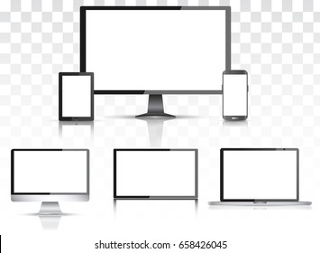 Realistic Computer Monitor, Laptop, Tablet and Mobile Phone. Set device with white screen