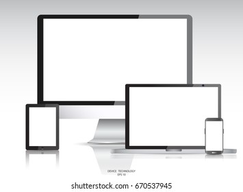 Realistic Computer Monitor, Laptop, Tablet and Mobile Phone. Set device with white screen