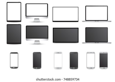 Realistic Computer Monitor, Laptop, Tablet and Mobile Phone. Set device with white screen