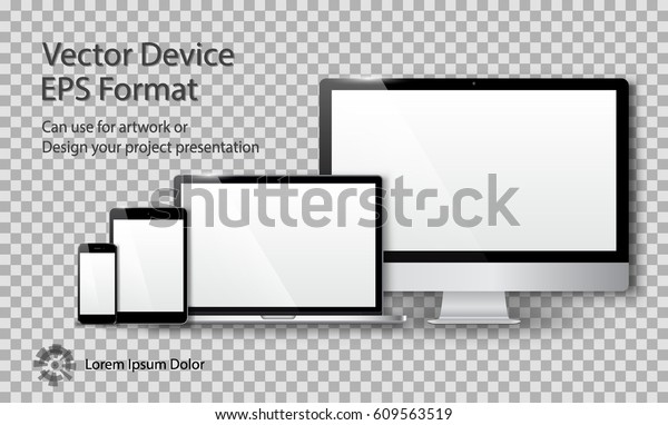 透明な背景にリアルなコンピュータモニタ ノートパソコン タブレット スマートフォンと白いスクリーン テンプレートプロジェクトプレゼンテーションに使用できます 電子機器 デバイスのモックアップセット のベクター画像素材 ロイヤリティフリー