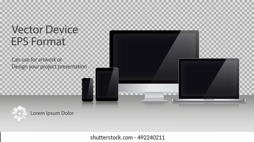 Realistic Computer Monitor, Laptop, Tablets And Smartphone With Black Screen Isolated. Can Use For Template Presentation Or Banner. Electronic Gadgets, Device Set Mock Up. Vector Illustration.