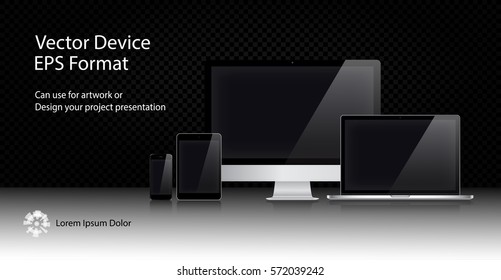 Realistic Computer Monitor, Laptop, Tablets and Smartphone with Black Screen Isolated. Can Use for Template Presentation or Banner. Electronic Gadgets, Device Set Mock Up. Vector Illustration.