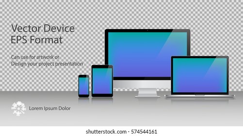 Realistic Computer Monitor, Laptop, Tablets and Smartphone with Blue Screen Isolated. Can Use for Template Presentation or Banner. Electronic Gadgets, Device Set Mock Up. Vector Illustration.