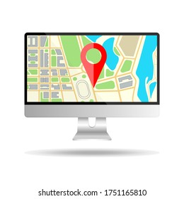 Realistic computer monitor with map navigation on a screen. GPS navigator with red pinpoint. Computer screen display isolated on white background. Mock up of equipment for office. Vector illustration.