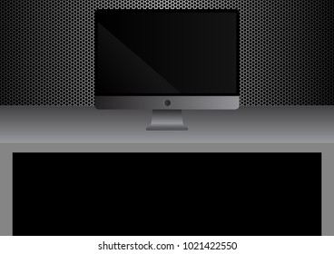 Realistic Computer Monitor On table and Metal Background.Vector Illustration. dark style