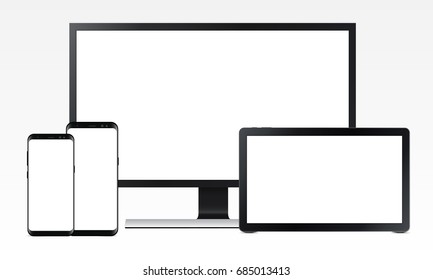 Monitor de ordenador realista Samsung, tablet Samsung Galaxy View y teléfonos móviles Samsung Galaxy S8, S8 Edge con pantallas en blanco aisladas. Conjunto de maquetas de dispositivos electrónicos. Ilustración del vector