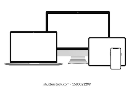 Realistic computer monitor, smartphone, laptop and tablet pc design mockup. Cellphone frame with blank display isolated templates. Vector mobile device concept.