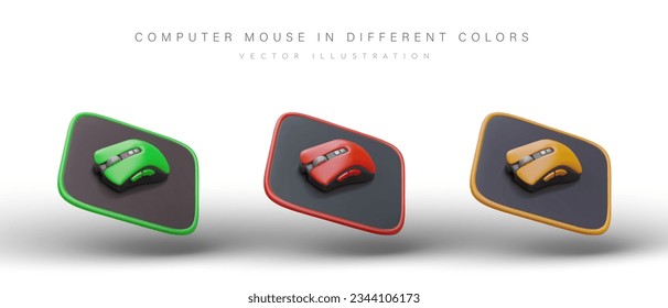 Ratón de computadora realista sobre tapete negro. Dispositivo con botones y rueda de desplazamiento. Gadget para introducir información. Conjunto de opciones en diferentes colores sobre fondo blanco