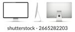 Realistic computer on three sides with blank screen. Front, side and back view of computer display.
