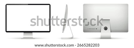 Realistic computer on three sides with blank screen. Front, side and back view of computer display.