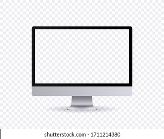 Pantalla de ordenador realista, monitor de marco fino gris se burla en estilo moderno con pantalla transparente en la vista frontal aislado en fondo transparente. Ilustración vectorial 3d.