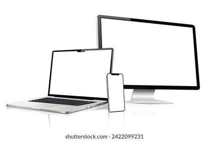 Realistic computer screen with laptop and mobile phone. Flat lay detailed and realistic devices mockup