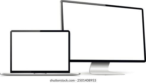 Realistic computer screen with laptop mockup. Computer display and laptop with blank screen.