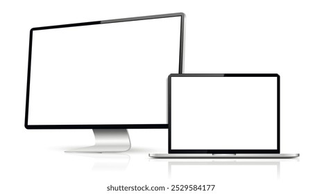 Realistic computer screen with laptop mockup. Computer display and laptop with blank screen.