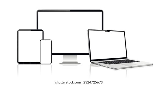 Realistic computer screen, laptop, tablet, phone. Flat lay detailed and realistic devices mockup