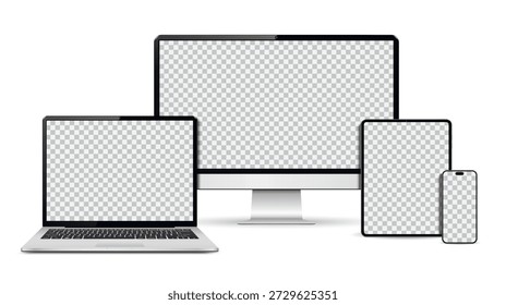 Realistic computer screen, laptop, tablet pc and smartphone mockup. Set technology devices with empty display