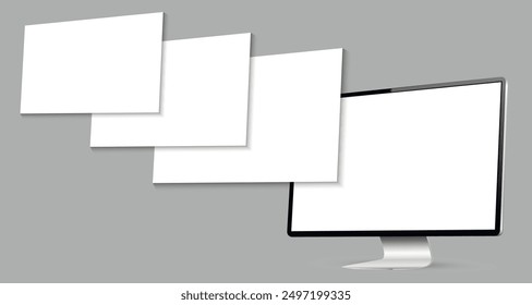 Realistic computer screen mockup with blank wireframing pages. Concept for showcasing web-design projects.