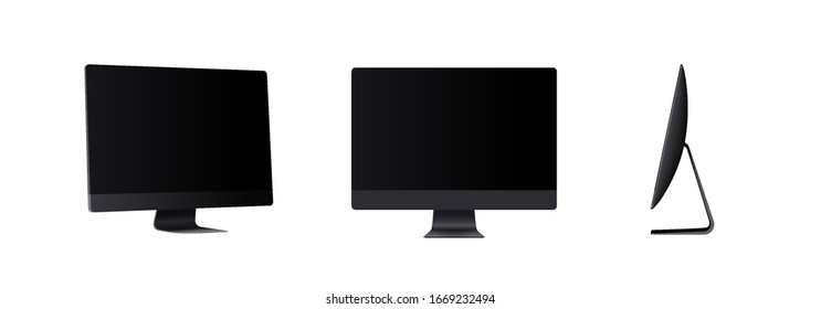 Realistic computer screen mockup in different angles isolated. Perspective view display with black empty screen isolated on white background for showing website or business presentation.