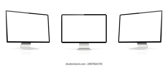 Realistic computer screen mockup. Computer display on three sides with blank screen.