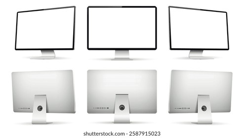 Realistic computer screen mockup. Computer display on three sides with blank screen. Front and back view of computer display.