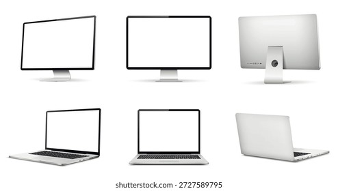 Realistic computer screen mockup. Laptop computer mockup different angles views.