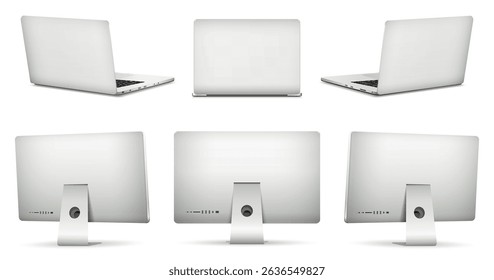 Realistic computer screen rear view mockup. Laptop computer rear view isolated on white background. Vector illustration