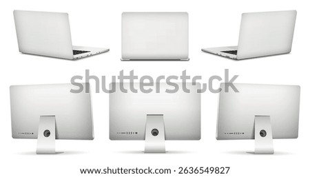 Realistic computer screen rear view mockup. Laptop computer rear view isolated on white background. Vector illustration