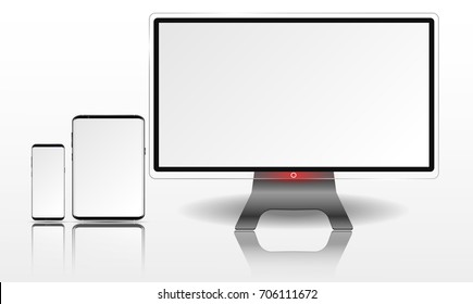 Realistic Computer, Tablet and Mobile Phone with White Wallpaper Screen Isolated. Set of Device Mockup Separate Groups and Layers. Easily Editable Vector.