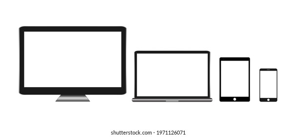 Realistic computer, tablet and mobile smartphone. Front view display Concept of electronic equipment, modern technology. Vector illustration