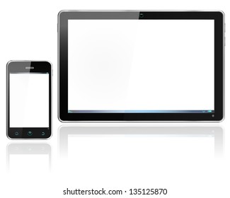 Realistic computer tablet and smartphone cellphone -  vector layered and with a separate layer to easily add your own image to each screen