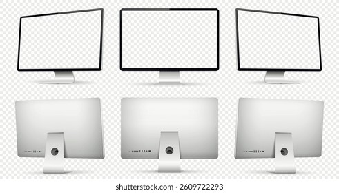Realistic computer transparent screen mockup. Computer display front and back view on transparent background.