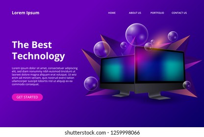 Realistic Computer and Web Design Landing Page Background Template in Violet