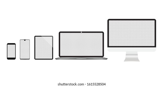 Realistic computers, laptops, tablets, smartphone monitors with a white background