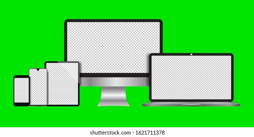 Realistic computers, laptops, tablets, smartphone monitors with a green background