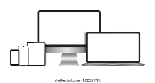 Realistic computers, laptops, tablets, smartphone monitors with a white background