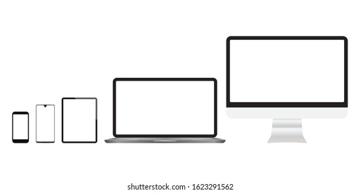 Realistic computers, laptops, tablets, smartphone monitors with a white background